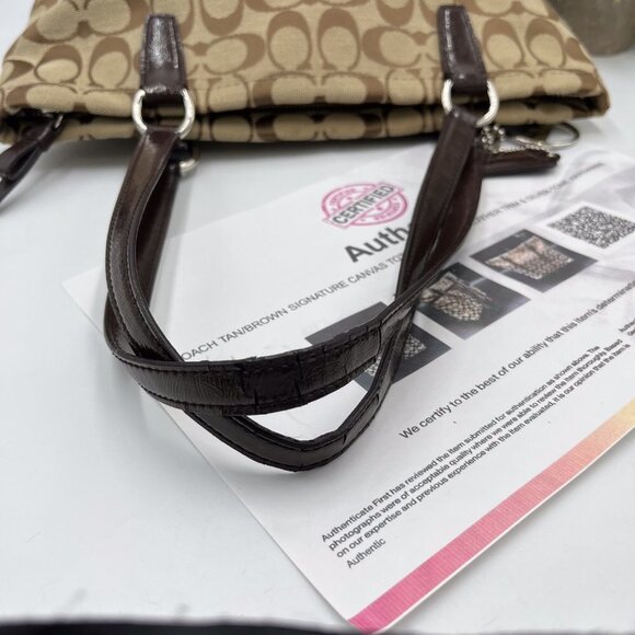 Authenticated Coach Signature Canvas Tote Patent Leather Trim Tan/Brown F28504 - Picture 12 of 15